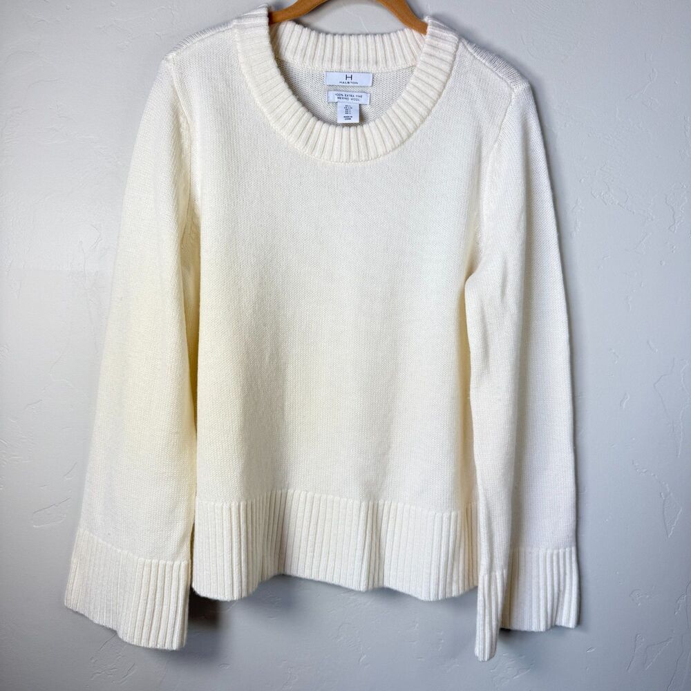 H by Halston Extra Fine Merino Wool Sweater Cream Off White Crew Neck Ladies L